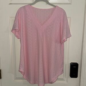 Pink V-Neck Eyelet Women Top
